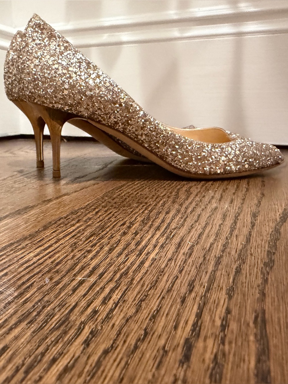 Jimmy Choo Rose Gold Glitter Peep Toe Kitten Heels